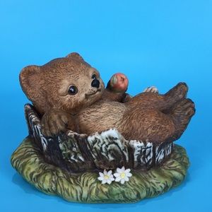 HOMCO Vintage Bear Cub In Tree Stump Figurine EUC